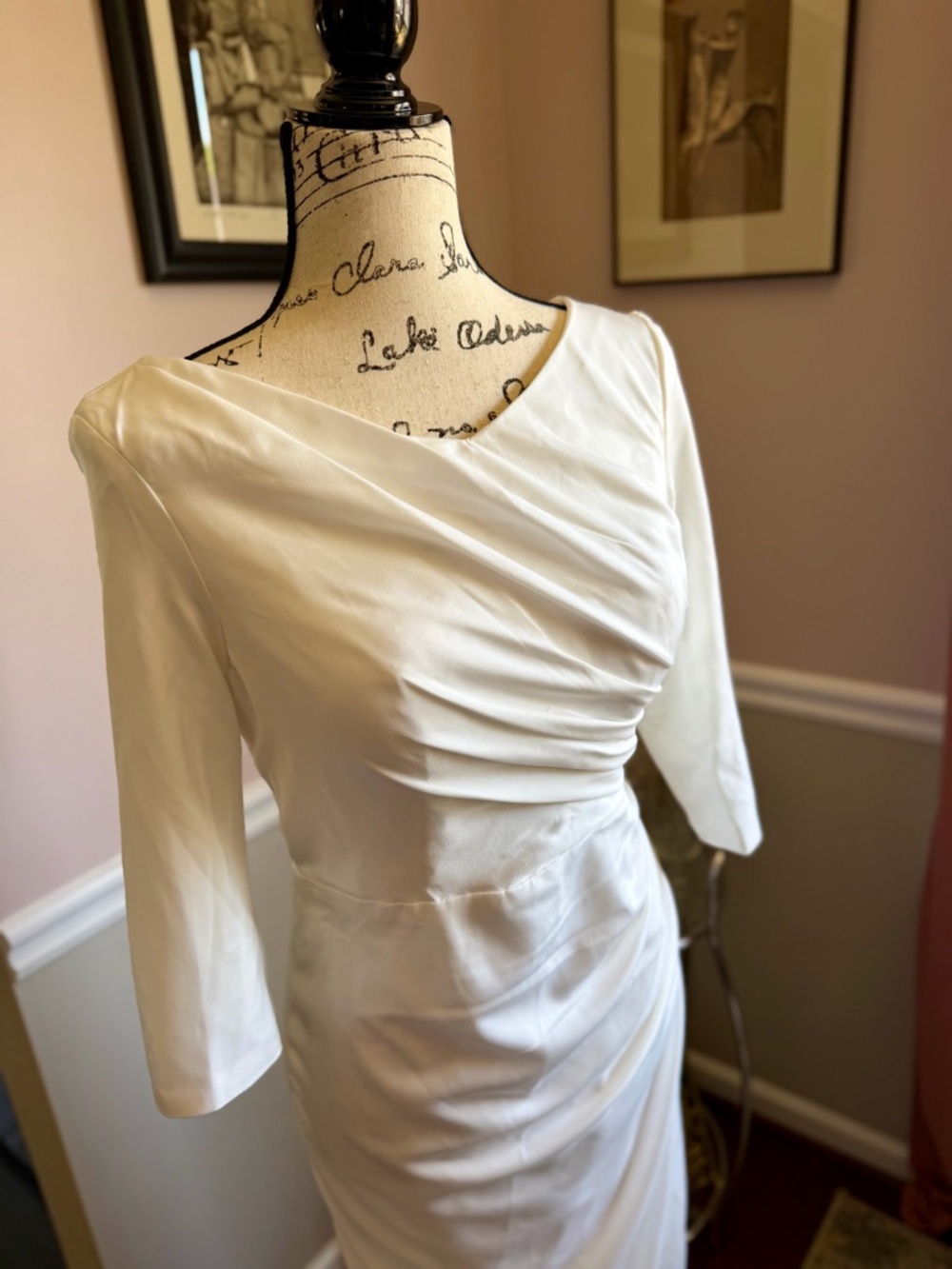 Ivory Sheath Midi Dress Draped V Neck 3/4 Sleeve Bridal Bridgerton S - Picture 2 of 6